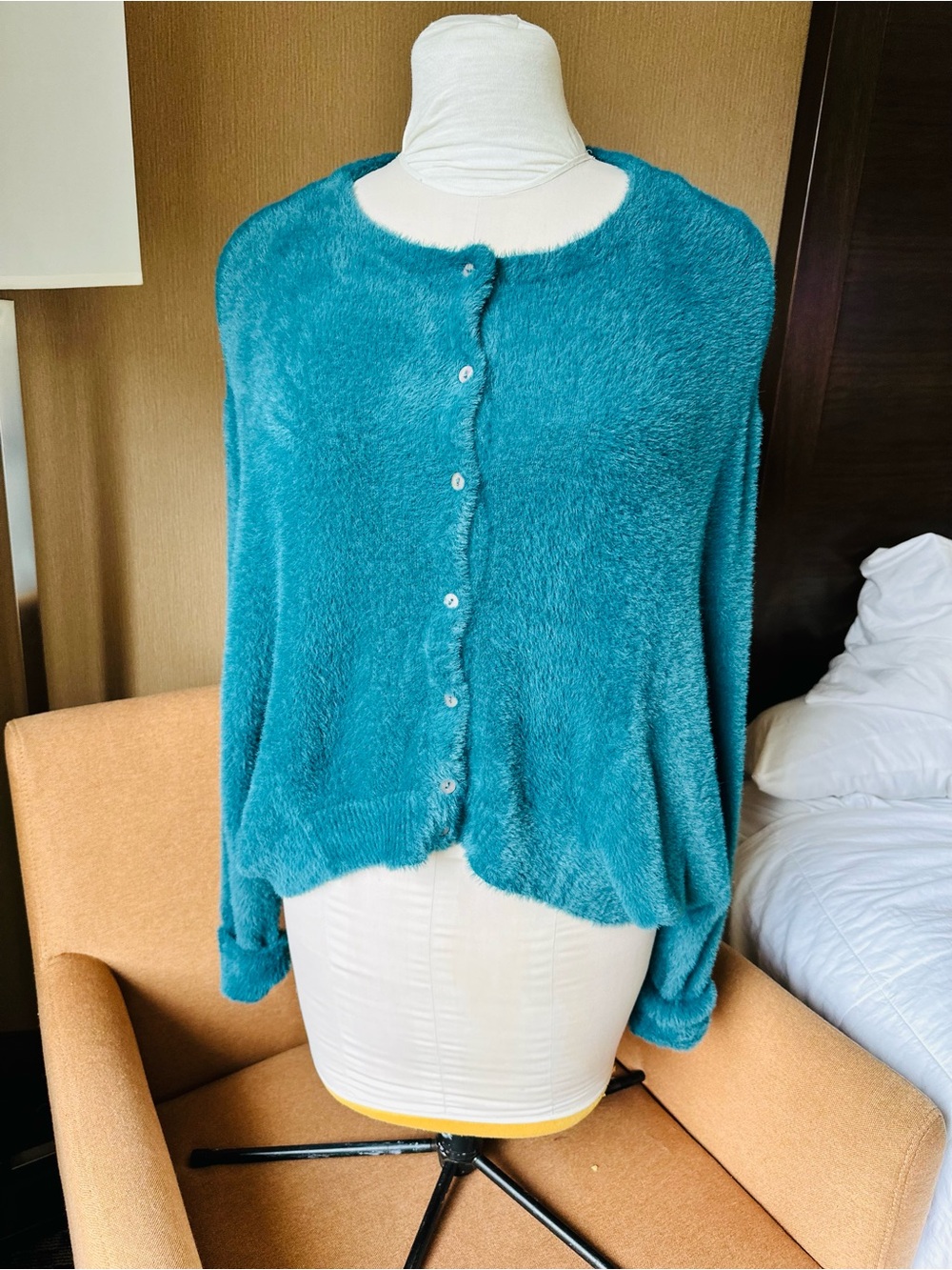 FREE PEOPLE Sz M FP ONE WYATT CARDI SOFT FUZZY BUTTON FRONT CARDIGAN TEAL - Picture 10 of 13
